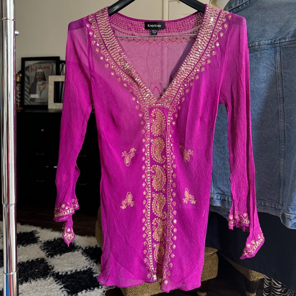 Bebe Women's Pink Gold Embroidered Top
